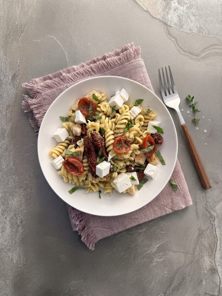 ENSALADA DE PASTA TEMPLADA CON POLLO Y VINAGRETA DE PESTO
