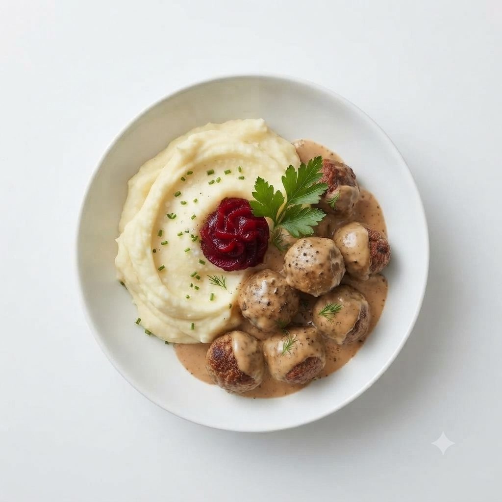 ALBÓNDIGAS SUECAS CON PURÉ DE PATATA Y ARÁNDANOS