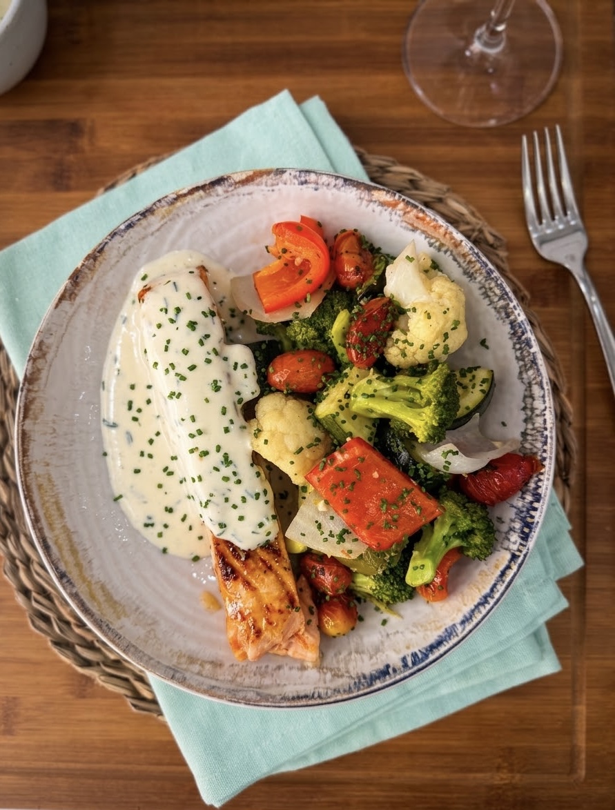 SALMÓN CÍTRICO Y YOGUR, CON VERDURAS ASADAS