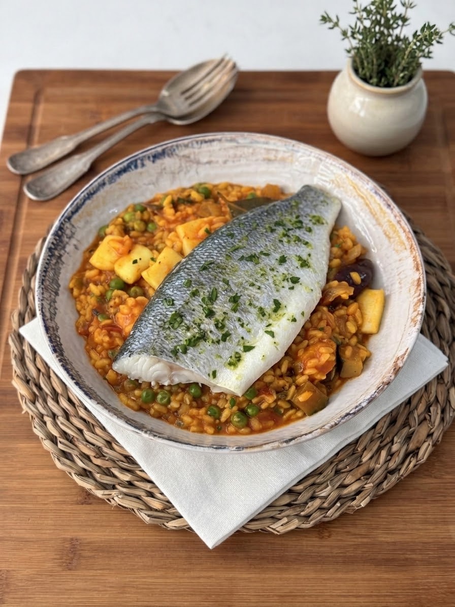 ARROZ DE MARISCO CON LUBINA ASADA