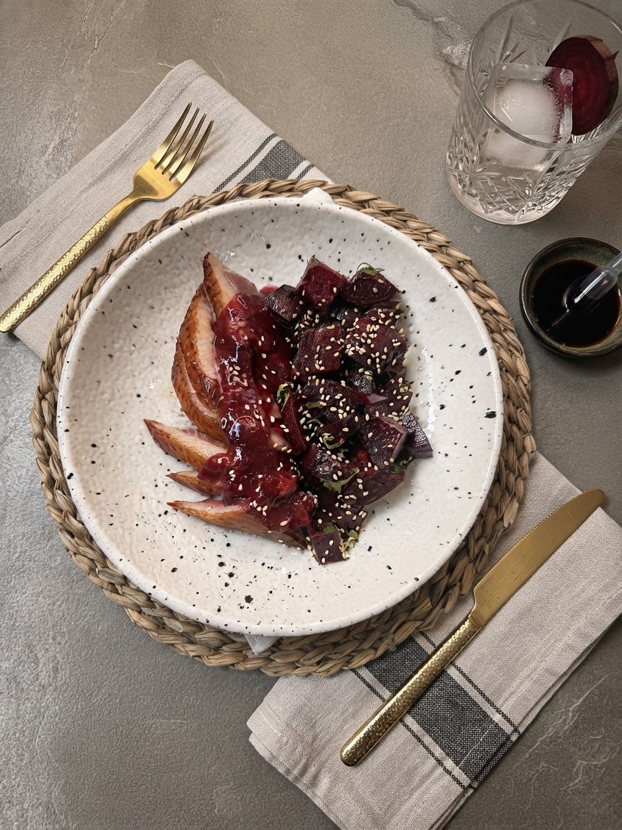 MAGRET DE PATO CON FRUTOS ROJOS Y ENSALADA DE REMOLACHA