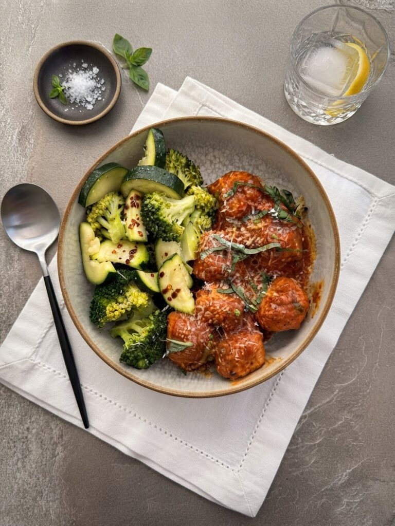 ALBÓNDIGAS A LA NAPOLITANA CON CALABACÍN Y BRÓCOLI