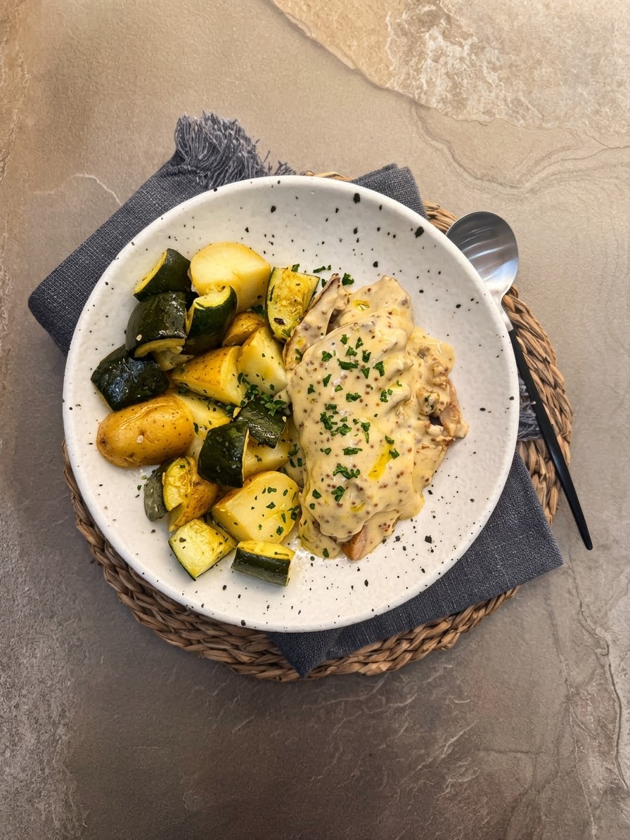 CONTRAMUSLO DE PAVO EN MOSTAZA Y NARANJA CON PATATAS Y CALABACÍN