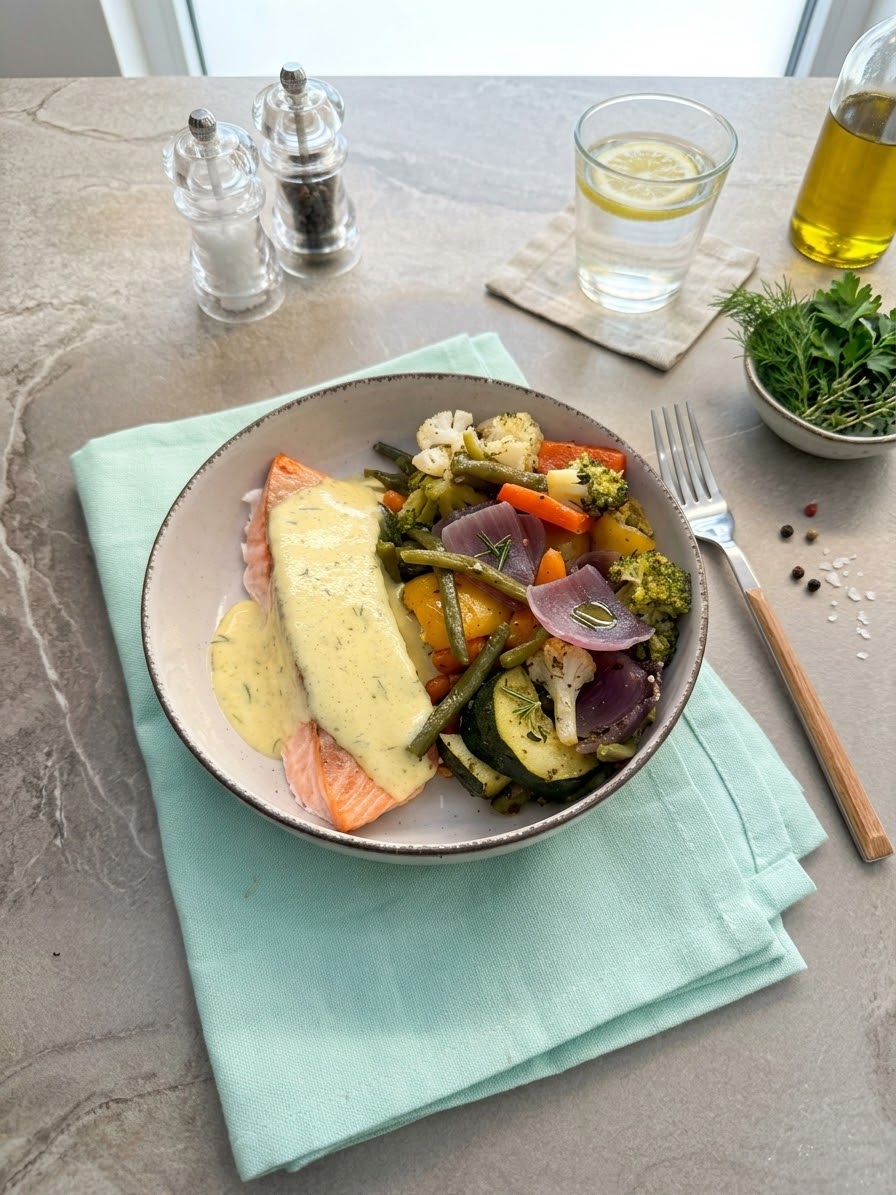 SALMÓN EN SALSA DE YUZU CON VERDURAS AL HORNO
