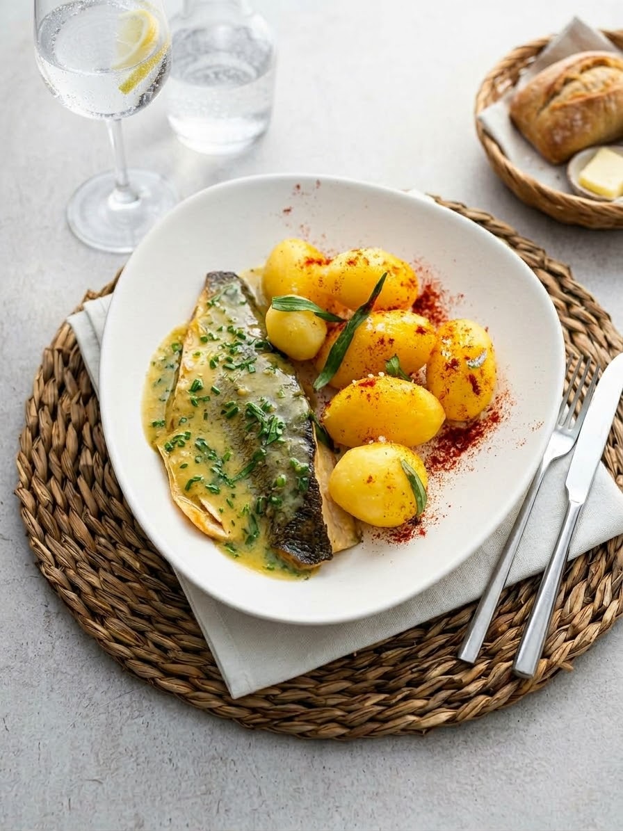 LUBINA EN SALSA VERDE CON PATATAS AL VAPOR